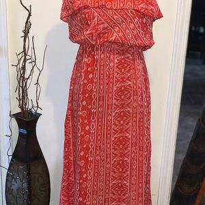 Red, ikat, ruffle, strapless dress, earthbound
